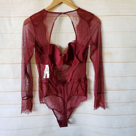 Victoria's Secret Eyelash Lace Mesh Sheer Thong Bodysuit Teddy Long Sleeve 36C - Picture 10 of 16